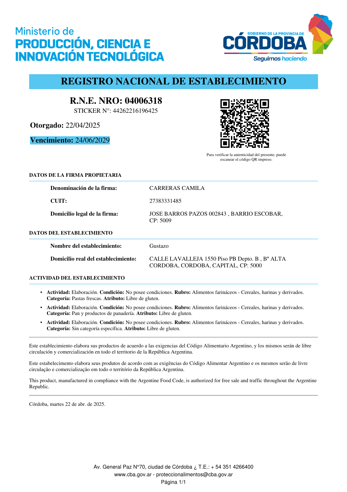 Certificado R.N.E. 04006318